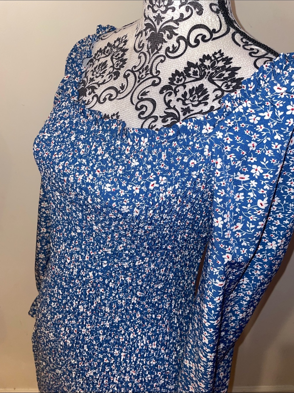 PrettyGarden Blue Floral Smocked Maxi Mermaid Dress with Long Sleeves Size Large - Picture 7 of 16